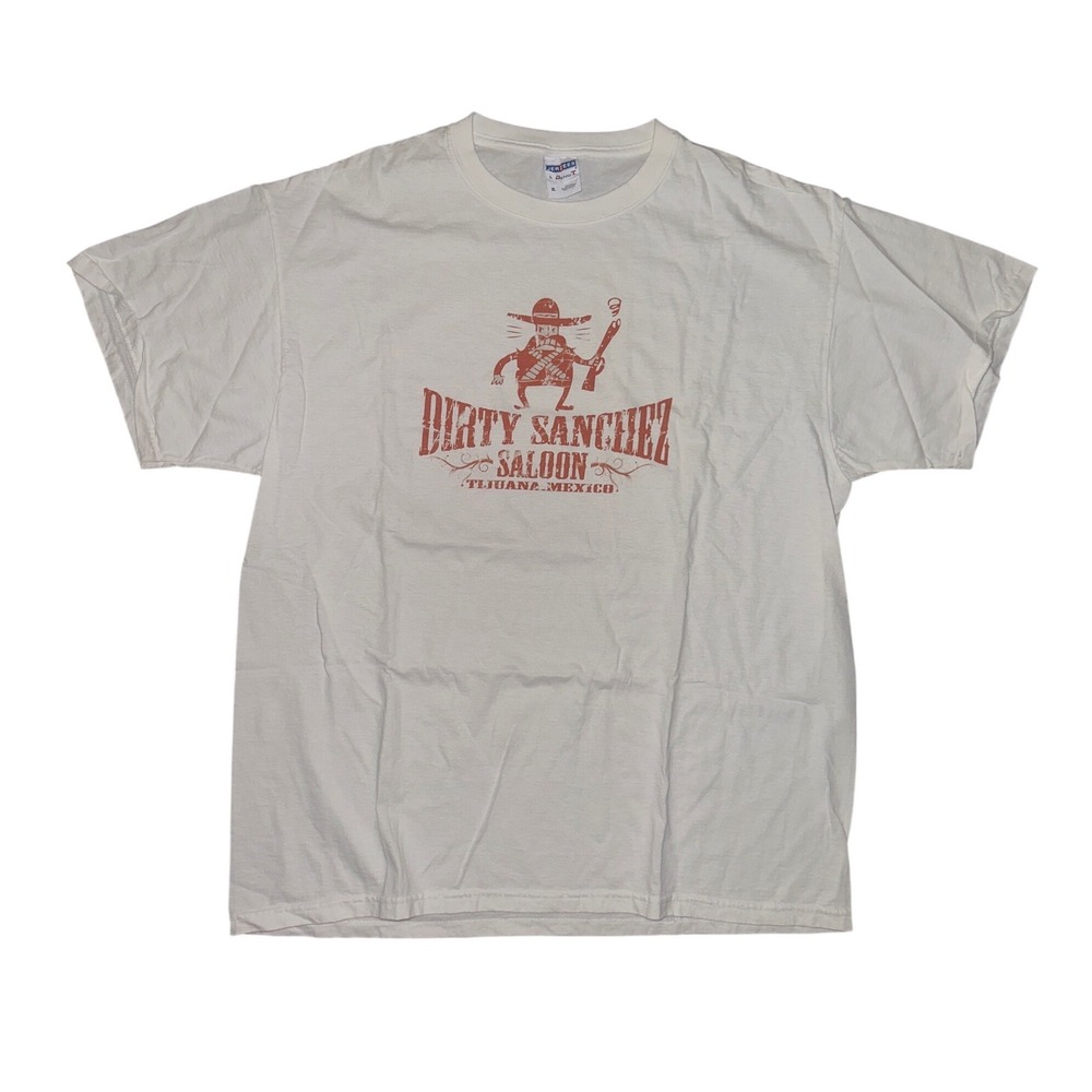 Jerzees Mens XL Dirty Sanchez Saloon Tijuana Mexico Graphic T-Shirt Off White